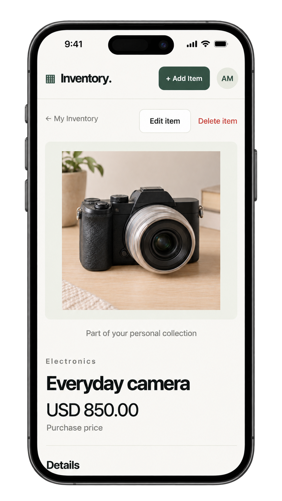 Everyday camera detail page with its product photo, USD 850 purchase price, category and purchase date.