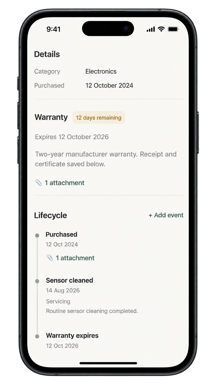 Camera warranty with 14 days remaining at capture, lifecycle events, purchase receipt and warranty certificate documents.